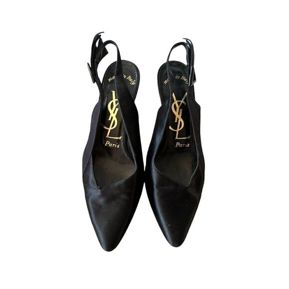Yves Saint Laurent Vintage 80s Black Satin Slingback Pumps, Size 7 1/2 - Picture 3 of 16